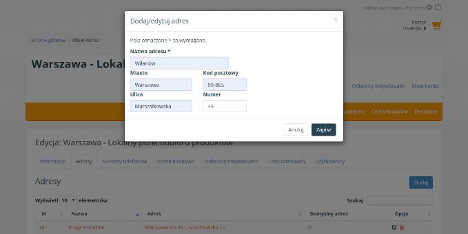 Adresy W kolejnej zakładce Adresy uzupełniamy adres lub adresy, gdzie znajdują się nasze punkty.