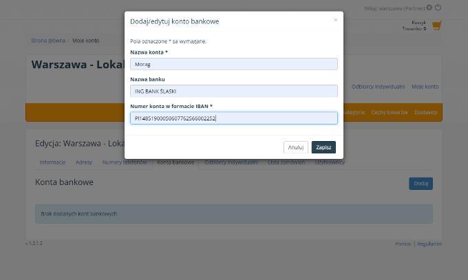 Konta bankowe W zakładce Konta bankowe można dodać numery kont bankowych klienta lub dystrybutora.