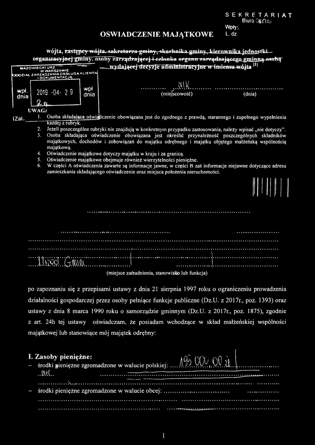 J Ą wpł. dnia IZat. 2019-0 4-2 9 J Ł a wpł dnia ił^ilająeejtlecyzje aćfininistrłreyjne w iniicłhu-wójla 111 c h i... s (m iejscow ość) (dnia) UWAG^ 1.