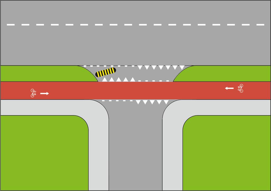 a) stosowanie wyokrąglenia na prawo-skręcie o małym promieniu łuku wymuszającym małą prędkość samochodu 4; b) stosowanie małego progu spowalniającego (w Holandii znanego jako haski pagórek ).