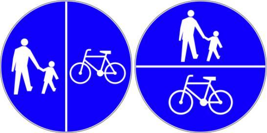 Znak z poziomą linią przedzielającą oznacza, że ruch pieszy i ruch rowerowy odbywa się na całej szerokości drogi.