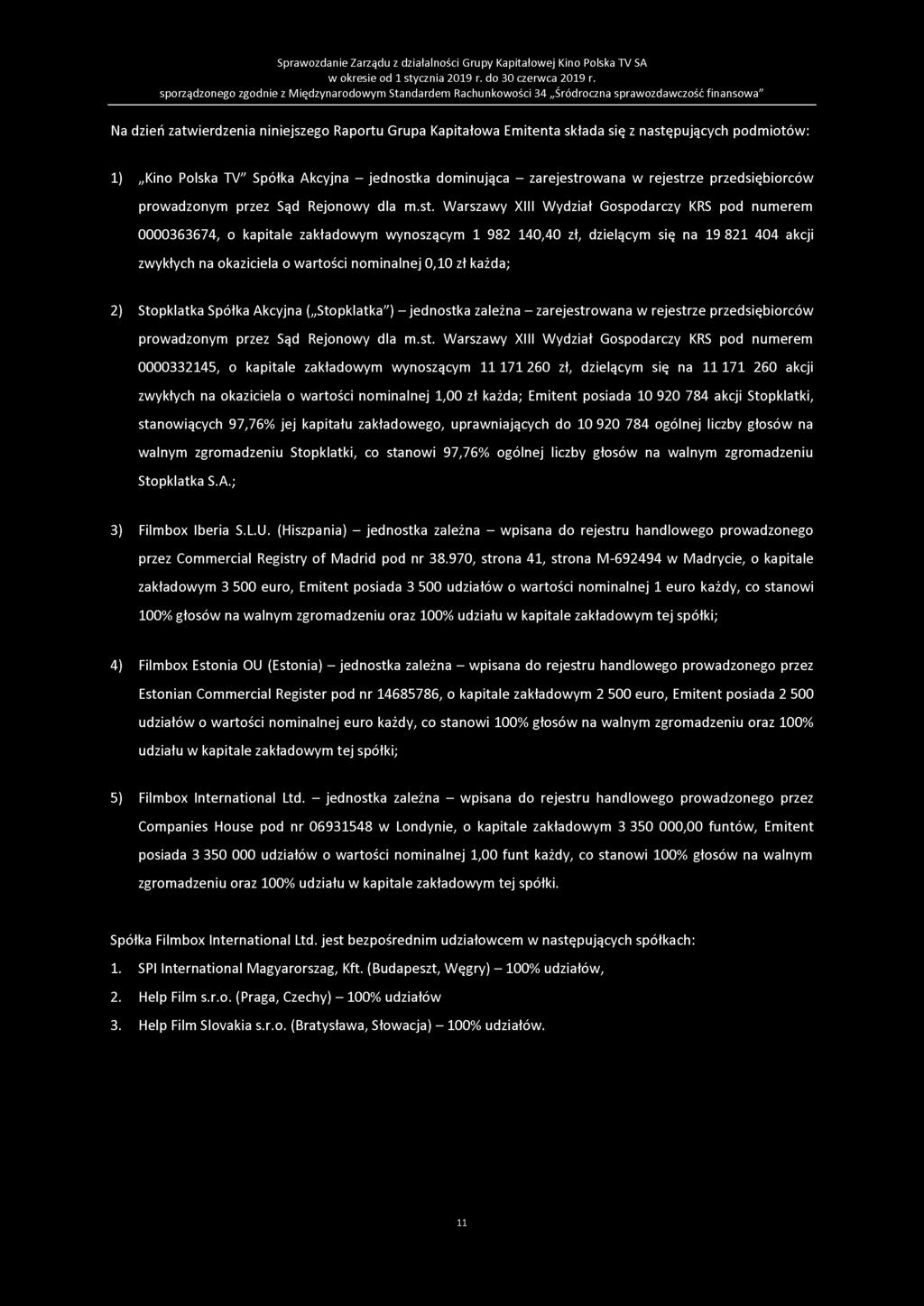 Sprawozdanie Zarządu z działalności Grupy Kapitałowej Kino Polska TV SA w okresie od 1 stycznia 2019 r. do 30 czerwca 2019 r.