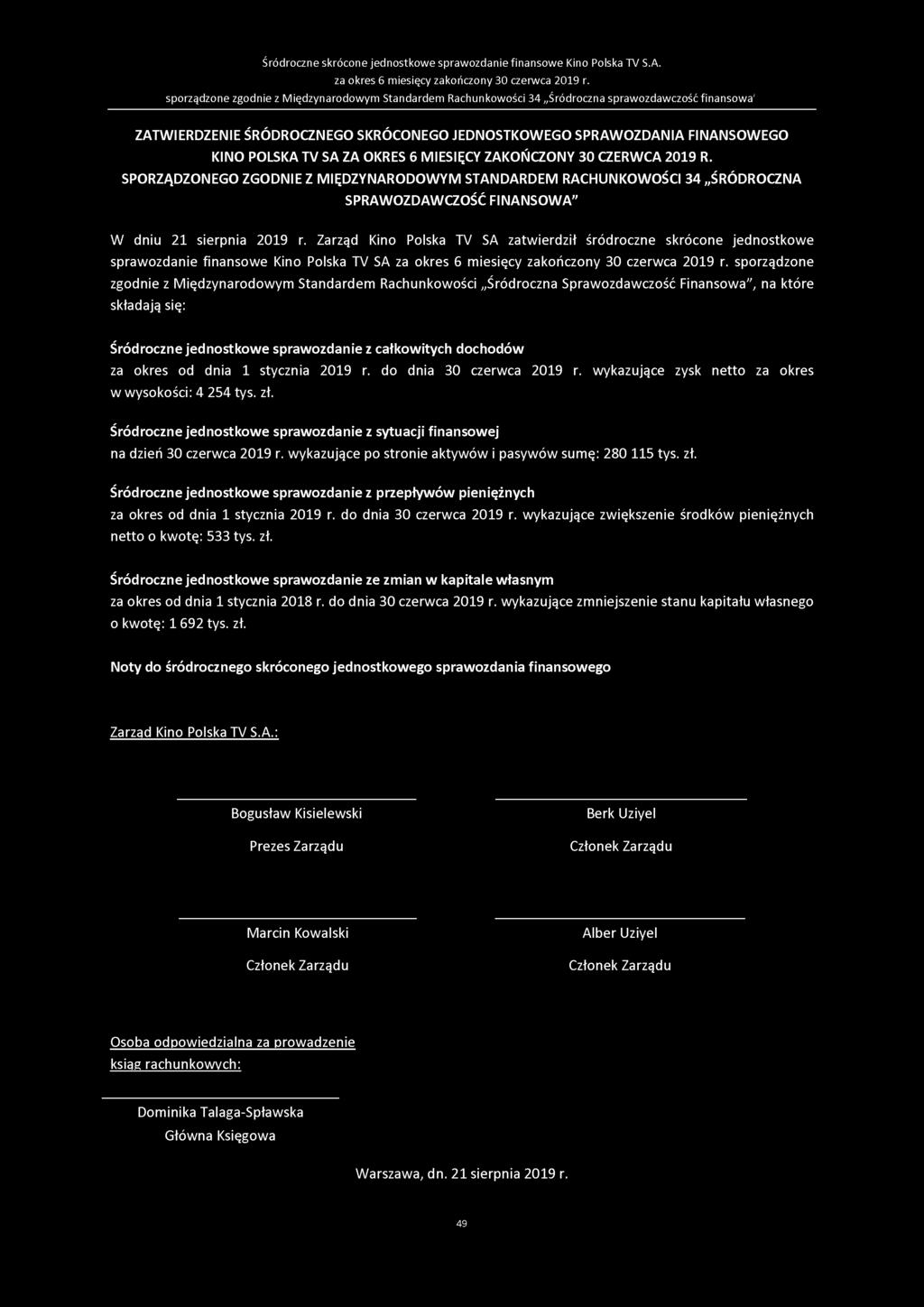 Śródroczne skrócone jednostkowe sprawozdanie finansowe Kino Polska TV S.A.