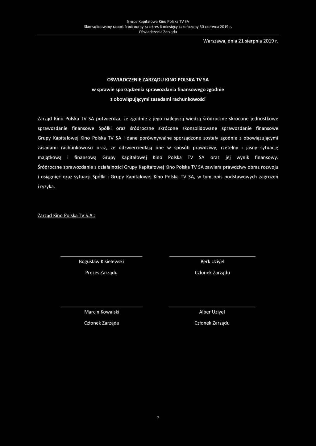 wiedzą śródroczne skrócone jednostkowe sprawozdanie finansowe Spółki oraz śródroczne skrócone skonsolidowane sprawozdanie finansowe Grupy Kapitałowej Kino Polska TV SA i dane porównywalne sporządzone