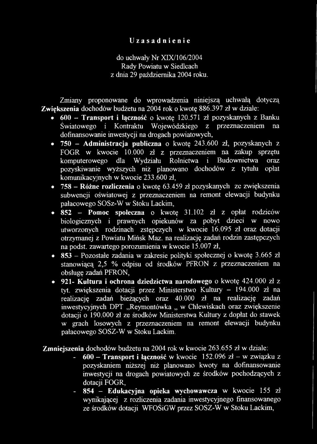 571 zł pozyskanych z Banku Światowego i Kontraktu Wojewódzkiego z przeznaczeniem na dofinansowanie inwestycji na drogach powiatowych, 750 - Administracja publiczna o kwotę 243.