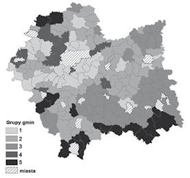 Ryc. 1. Skupienia gmin woj. małopolskiego o podobnej strukturze społeczno-gospodarczej Źródło: Opracowanie własne na podstawie danych z BDL (ryc. 1 i 2).