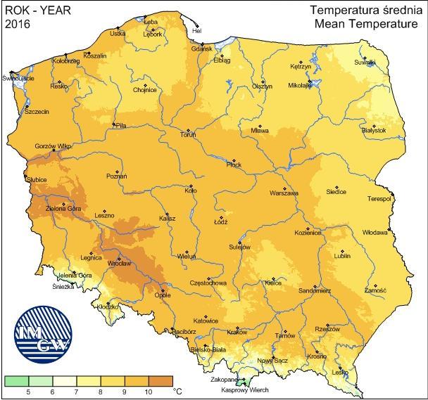 Rysunek 2. Średnia temperatura roczna na terenie Polski Źródło: http://old.imgw.pl Średnie roczne zachmurzenie w 2016 r.