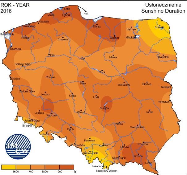 Rysunek 4. Usłonecznienie Źródło: http://old.imgw.pl Dominującą postacią fizyczną zasilania atmosferycznego w regionie są opady deszczu. Opady śniegu stanowią średnio 21-23% sumy rocznej opadów.