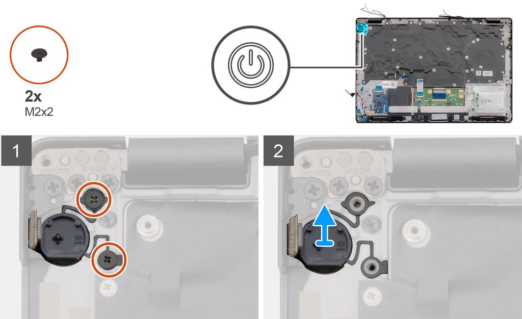 Przycisk zasilania Wymontowywanie przycisku zasilania z czytnikiem linii papilarnych 1. Wykonaj procedurę przedstawioną w sekcji Przed przystąpieniem do serwisowania komputera. 2.