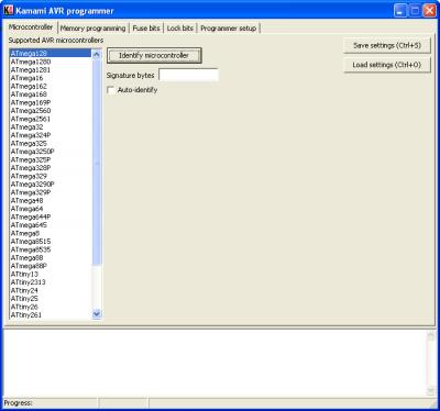 Software On the ﬁgure 3 you can see programmer s application window. Fig. 3. Microcontroller tab of KamPROG for AVR application Microcontroller tab On this tab you can ﬁnd list of supported microcontrollers.