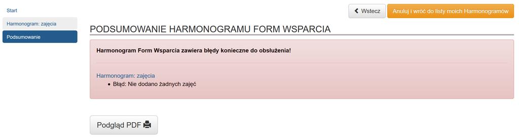 Trzecia sekcja zawiera podsumowanie wypełnionego formularza, ewentualne błędy oczywiste, szczegółowe oraz dostęp do podglądu