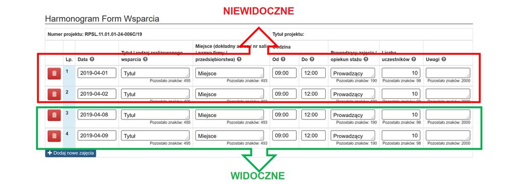 Przykładowo jeśli edycja harmonogramu form wsparcia dokonywana jest w dniu 2019-04-03 widoczne w formularzu będą tylko rekordy z datą 2019-04- 03 i późniejszą.