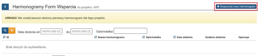 10.1. Eksport danych z harmonogramu form wsparcia Aby pobrać dane w zakresie sekcji Harmonogram: zajęcia wejdź na listę harmonogramów form wsparcia.