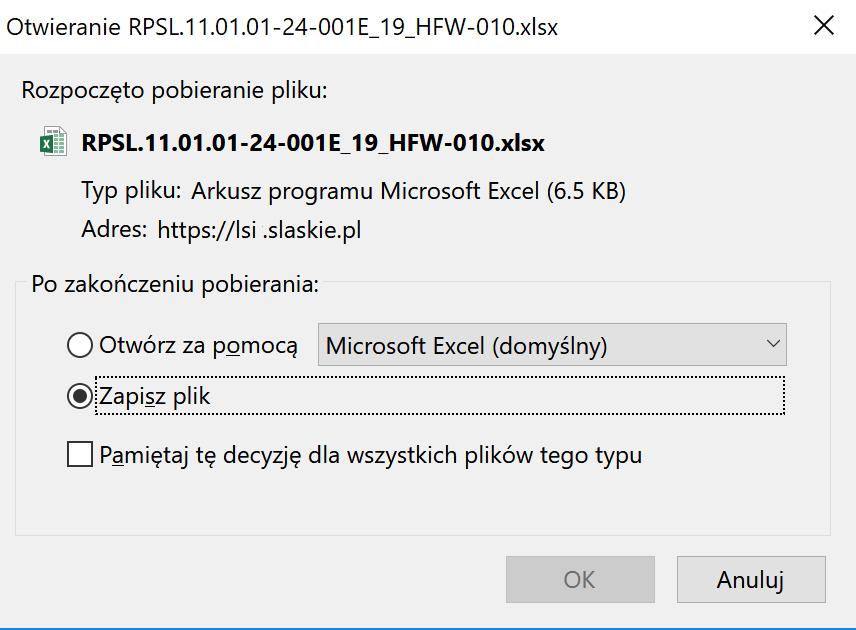 Po zaakceptowaniu komunikatu zapisz plik na komputerze. Plik posiada nazwę składającą się z numeru projektu oraz numeru harmonogramu.