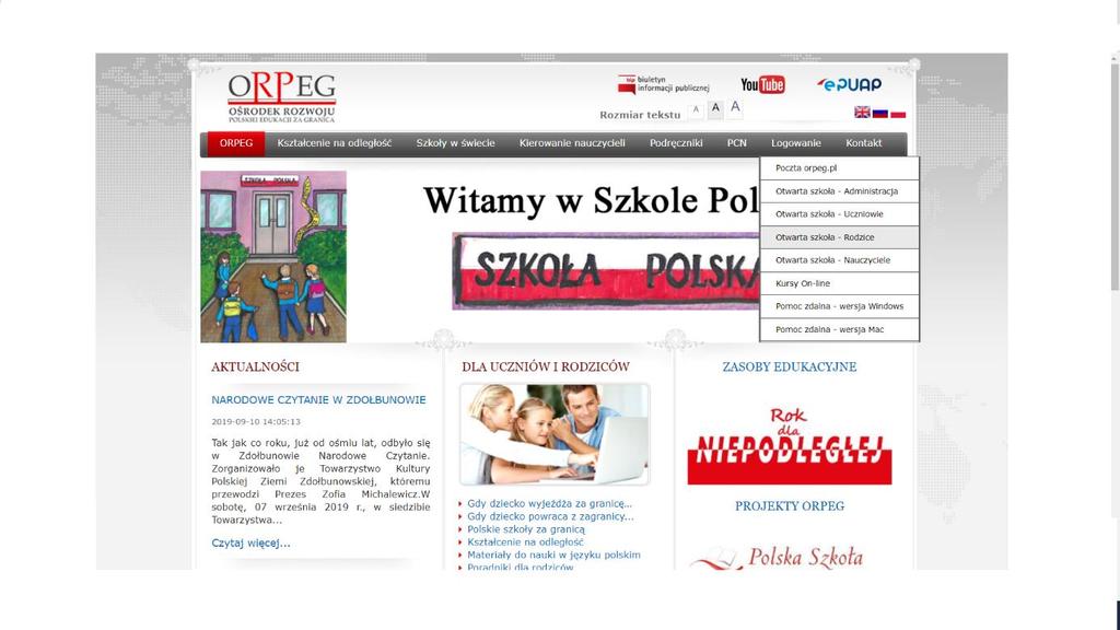 Po zaznaczeniu Otwarta szkoła uczniowie nastąpi przekierowanie do strony logowania (możliwych jest kilka różnych