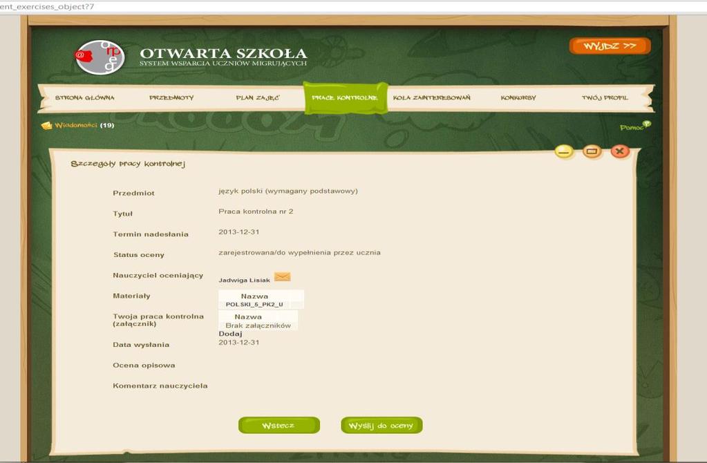 Po jego użyciu wyświetlona zostaje strona z nazwą przedmiotu, z jakiego należy wykonać
