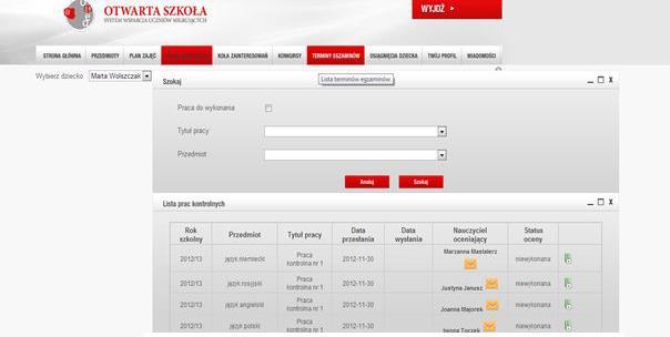 Obok nazwiska nauczyciela wyświetlony jest przycisk z kopertą, który umożliwia napisanie wiadomości do nauczyciela danego przedmiotu.