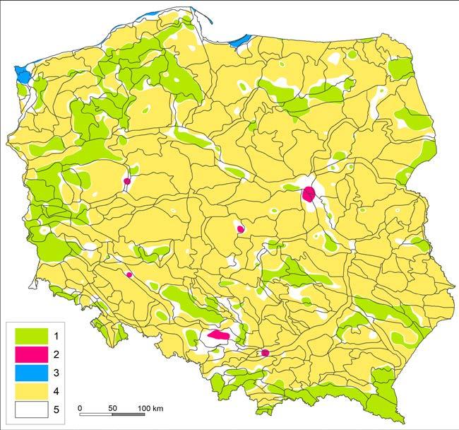Ryc. 2. Granice mezoregionów fizycznogeograficznych na tle dominującego pokrycia terenu Polski, przy promieniu poszukiwań 8 km. Objaśnienia jak ryc. 1. Fig. 2. Borders of mesoregions on the background of domination landscape in Poland (radius search 8 km).
