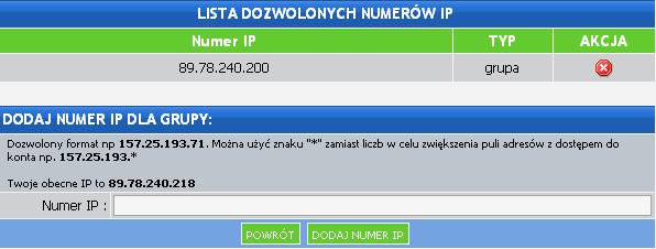 Dodaj numer IP użytkownika W polu Numer IP: podajemy odpowiedni numer IP, a następnie dodajemy go poleceniem Dodaj numer IP.