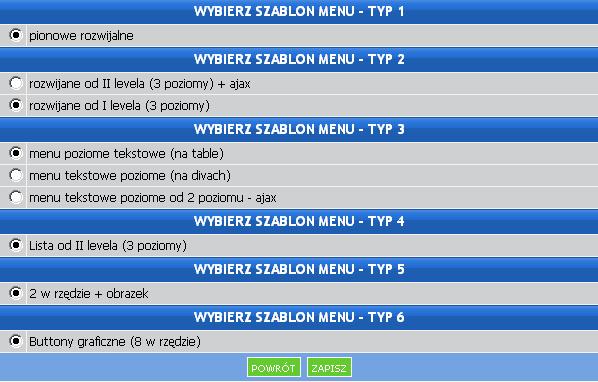 1.3. Szablony menu - ustawienia domyślne W tej zakładce wybieramy domyślne szablony menu, wg którego będzie wyświetlane menu główne na stronach serwisu.