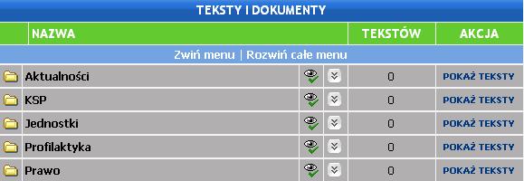 opcję rozwijającą strukturę podrzędną ( ) informację o tym, czy dany dział jest widoczny lub/i aktywny ( ), czy też niewidoczny lub/i nieaktywny ( ) - edycja tych ustawień możliwa jest w zakładce