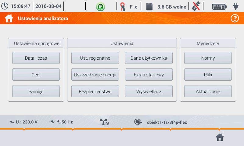 Ustawienia analizatora Podłączenia Sprzętowe Ustawienia Menedżery Raporty według norm