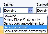 Wybór serwisu w filtrze powoduje automatyczne odfiltrowanie stanowisk wyświetlanych w wybranym widoku tylko do tych, które są powiązane z wybranym serwisem, c) Wybór wybranego stanowiska