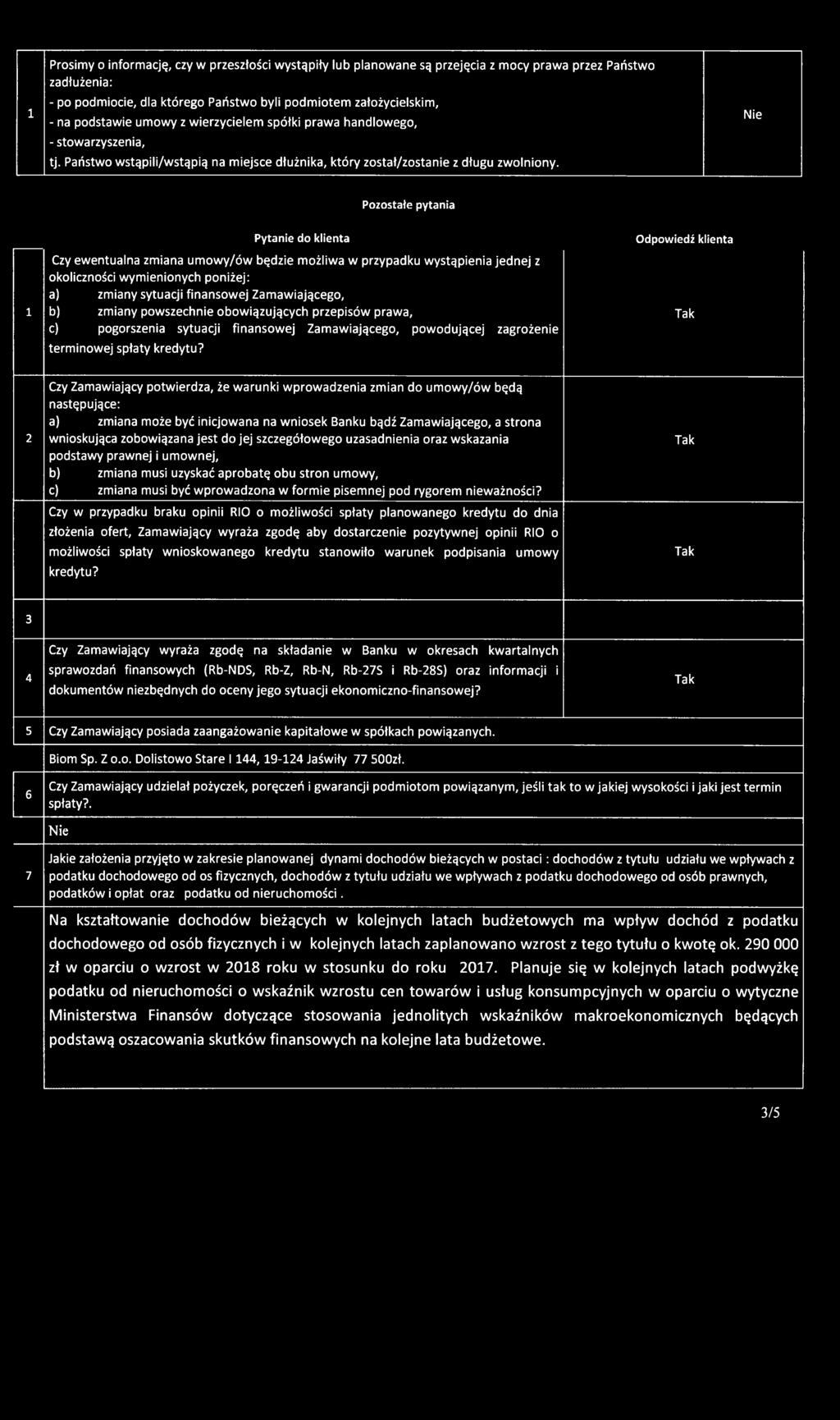 Odpowiedź klienta 2 Czy Zamawiający potwierdza, że warunki wprowadzenia zmian do umowy/ów będą następujące: a) zmiana może być inicjowana na wniosek Banku bądź Zamawiającego, a strona wnioskująca