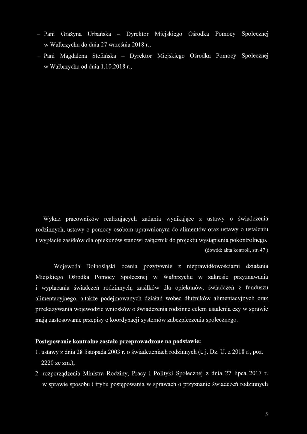 , Wykaz pracowników realizujących zadania wynikające z ustawy o świadczenia rodzinnych, ustawy o pomocy osobom uprawnionym do alimentów oraz ustawy o ustaleniu i wypłacie zasiłków dla opiekunów