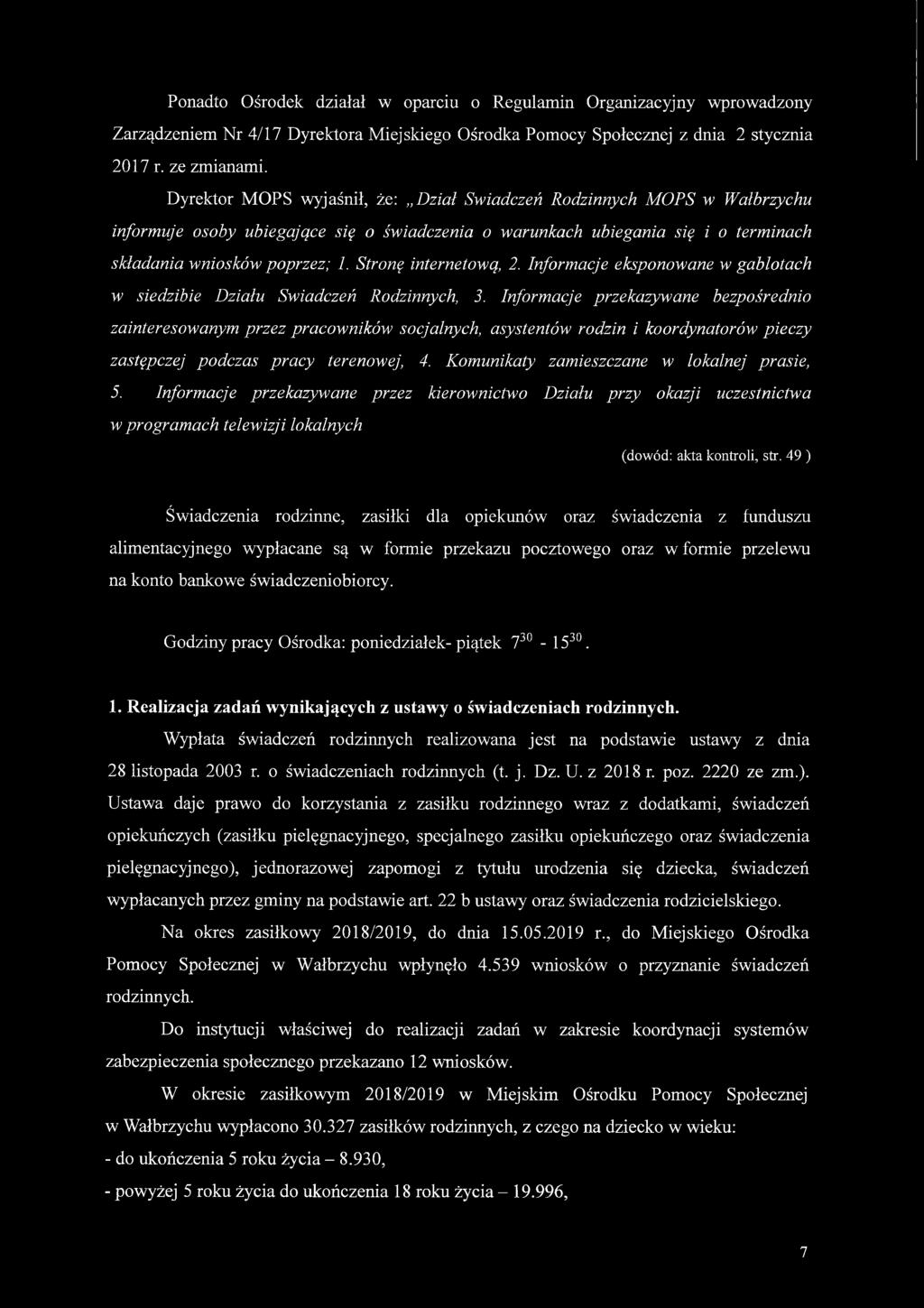 Stronę internetową, 2. Informacje eksponowane w gablotach w siedzibie Działu Świadczeń Rodzinnych, 3.
