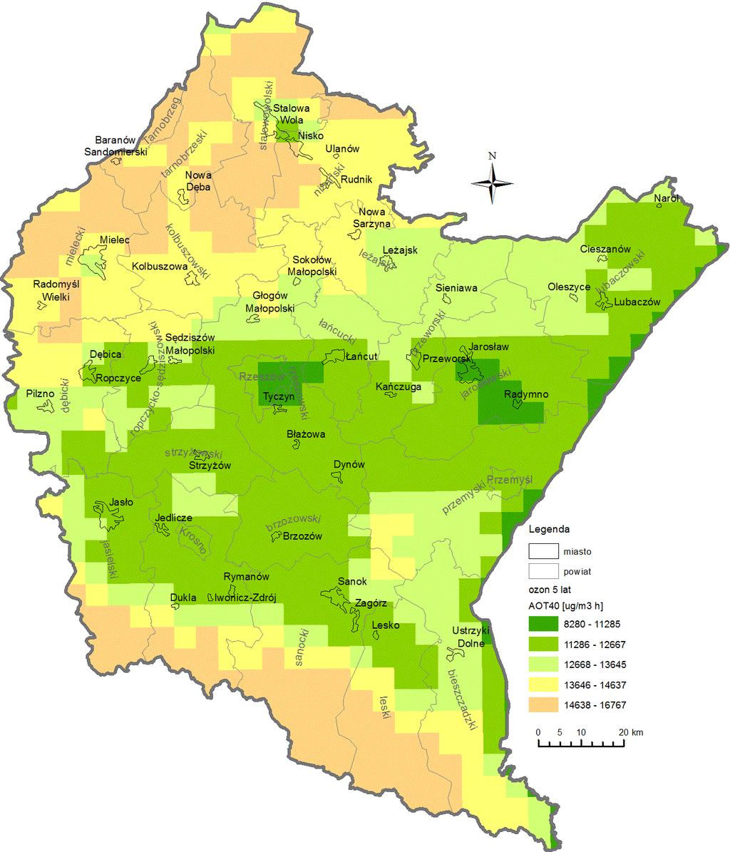 Wyniki modelowania wartości OT4 uśrednione dla pięciu lat (12-16) wykazały wartości w przedziale od 828-16767 μg/m 3 h. docelowy został dotrzymany.