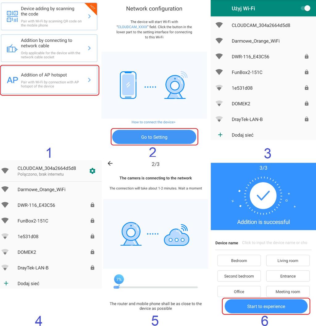 3.3. Połączenie bezpośrednie (wersja demonstracyjna) Włącz kamerę i poczekaj na głos mówiący Please configure camera by scanning code or AP hotspot.