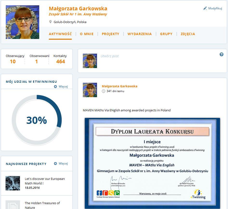 Aktywność O mnie Projekty Wydarzenia Grupy Zdjęcia PROFIL Rejestrując się, tworzysz w etwinningu Profil, co oznacza, że inne osoby będą mogły zobaczyć