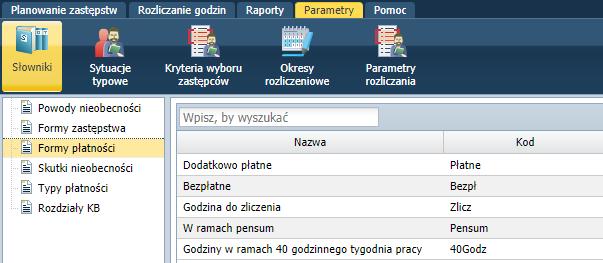 Konfigurowanie parametrów planowania zastępstw Skutki nieobecności - słownik ten zawiera określenia najczęściej wyświetlanych skutków zakłócenia realizacji planu lekcji.