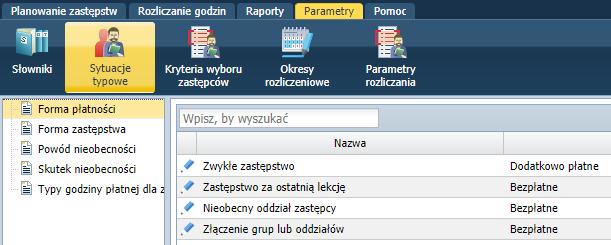 Konfigurowanie parametrów planowania zastępstw Charakterystyka słownika sytuacji typowych Każda z pozycji tego słownika jest związana a sytuacją występującą podczas planowania zastępstw.