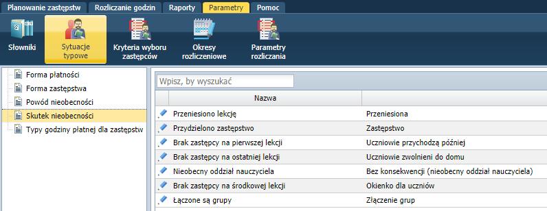 Konfigurowanie parametrów planowania zastępstw Zastępstwo przypadkowe dotyczy sytuacji, gdy nauczyciel przyjmujący zastępstwo nie uczy w danym oddziale, ani też nie uczy przedmiotu nauczyciela