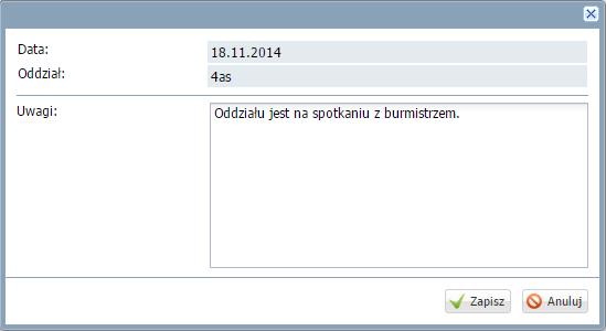 Planowanie i ewidencja zastępstw Zapisać zmianę. Nieobecność oddziału zostanie zaznaczona w planie oddziału odpowiednim kolorem.