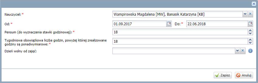 Rozliczanie godzin ponadwymiarowych Dodawanie indywidualnych parametrów rozliczeniowych dla nauczyciela Aby dodać parametry dla pojedynczego nauczyciela należy przejść do widoku Parametry/ Parametry