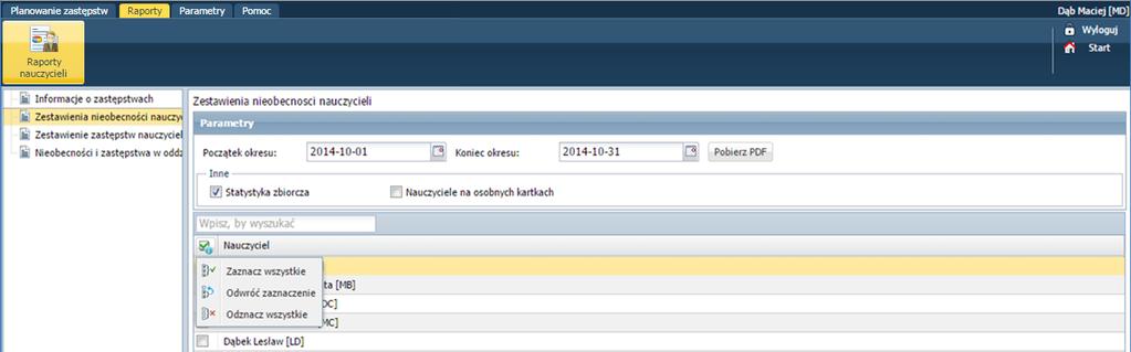 Sporządzanie wydruków Sporządzanie wydruków Moduł Zastępstwa umożliwia sporządzanie raportów nauczycieli oraz raporty rozliczeń i ich wydruk. 1.