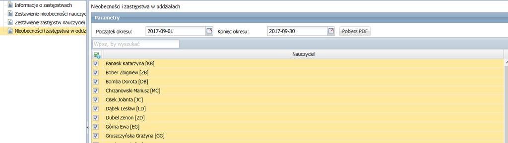Zdefiniować początek i koniec okresu rozliczeniowego, a następnie zaznaczyć wybranych nauczycieli. Kliknąć przycisk Pobierz PDF.