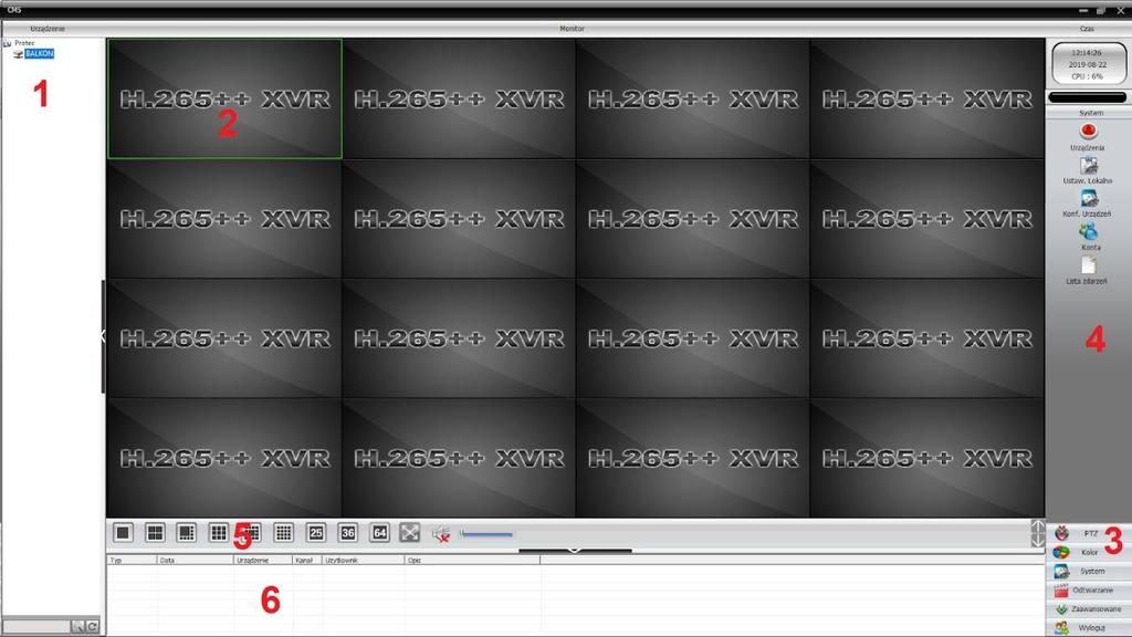 2. Panel główny RYS 2: PANEL GŁÓWNY Po zalogowaniu pojawi się panel główny aplikacji. Poniżej znajduje się opis funkcji. 1. Lista urządzeń. 2. Okna, w których wyświetlany jest obraz z kamer. 3.