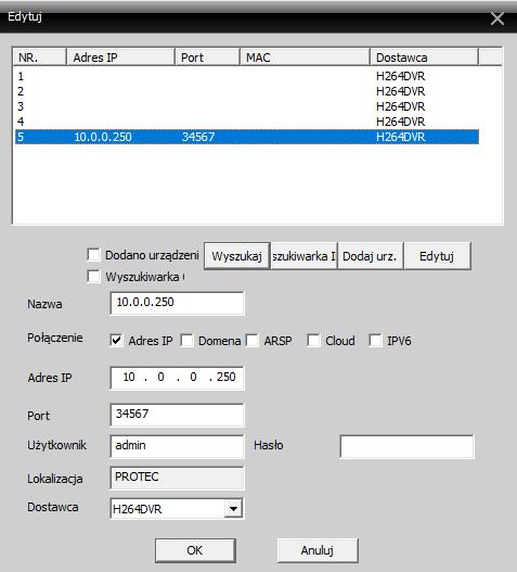 6. Kliknij przycisk Wyszukaj i zaznacz urządzenie z listy lub wpisz ręcznie wszystkie wymagane parametry do nawiązania połączenia (nazwa, IP, port, użytkownik, hasło).