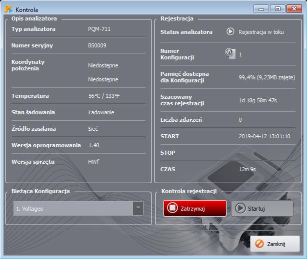 8 Inne opcje programu 8 Inne opcje programu 8.1 Status analizatora, wyzwalanie i zatrzymywanie rejestracji Wybranie z menu programu opcji ANALIZATORKONTROLA powoduje wyświetlenie okna jak na Rys. 76.