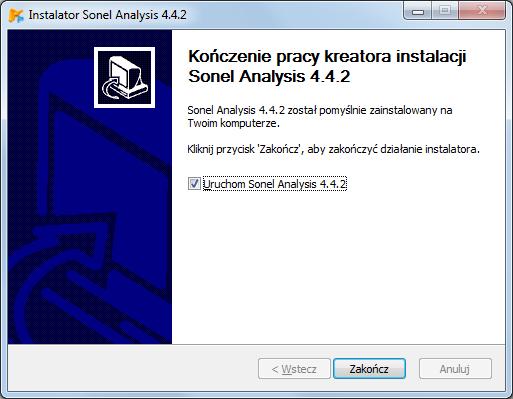 Jeżeli zaznaczono opcję Uruchom Sonel Analysis 4.4.2 to po wybraniu przycisku Zakończ zostanie uruchomiona aplikacja. Rys. 4. Zakończenie instalacji.