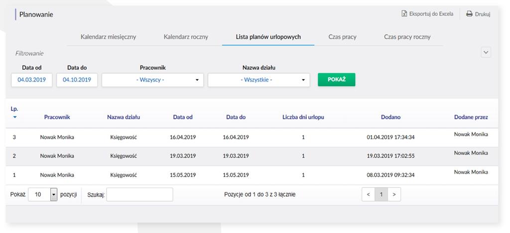 Lista planów urlopowych Kierownik posiada również dostęp do listy planów urlopowych.