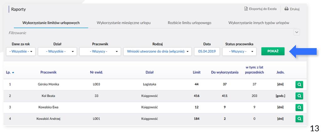 Dzięki zielonej ikonie z lupą można przeglądać szczegóły wniosków urlopowych. Niebieska ikona z ołówkiem pozwala na edycję dokumentu, który nie został jeszcze zaakceptowany przez przełożonego.