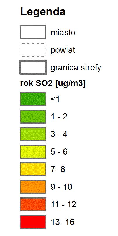 Rozkład stężeń średniorocznych dwutlenku siarki na terenie powiatu niżańskiego w 2014 r.