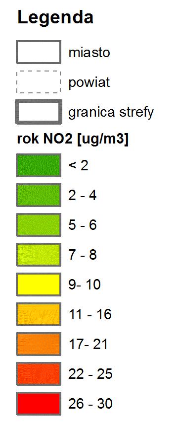 Wyniki modelowania zanieczyszczenia powietrza dwutlenkiem azotu potwierdziły dotrzymanie obowiązujących norm dla tego zanieczyszczenia.