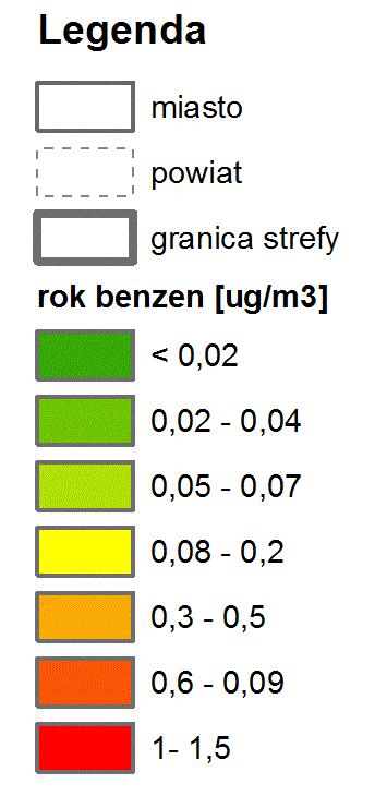 Rys. 4.2.6. Rozkład stężeń średniorocznych benzenu na terenie powiatu niżańskiego w 2014 r.