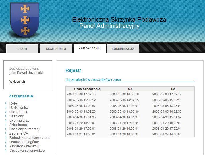 Aby podejrzeć rejestr, należy przejść do komponentu Zarządzanie, otworzyć moduł Rejestr znaczników czasu i wybrać myszką właściwy okres.